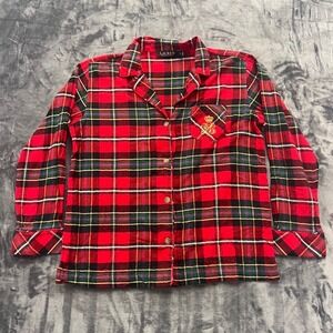 Lauren Ralph Lauren Pajama Top Medium Red Plaid Embroidered Crest Sleepwear